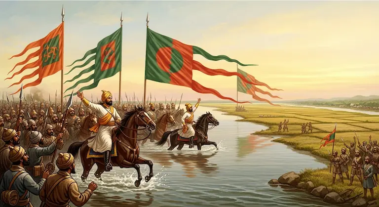 ক্লাসিক্যাল ঐতিহাসিক চিত্রকলায় ঘোড়ায় চড়া ইলিয়াস শাহ নদী পার হচ্ছেন, পেছনে বিভক্ত তিনটি পতাকা ধীরে একটি পতাকায় মিলছে, সামনে বাংলার নদী ও মাঠ