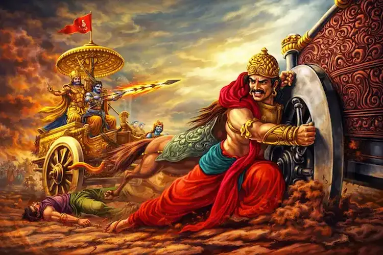 যুদ্ধক্ষেত্রে আটকে যাওয়া রথের চাকার পাশে লুটিয়ে পড়া প্রাচীন ভারতীয় যোদ্ধা, সূর্যাস্তের আকাশ